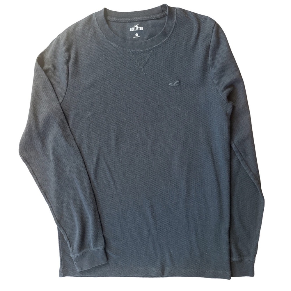 Hollister Thermal Shirt Mens Medium Black Waffle Knit Long Sleeve Logo